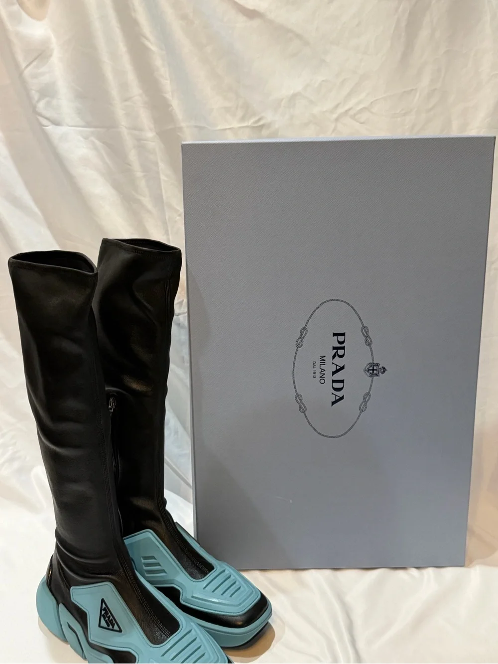 Prada Runway Techno Stretch Boots with Light Blue Platform Soles size 40